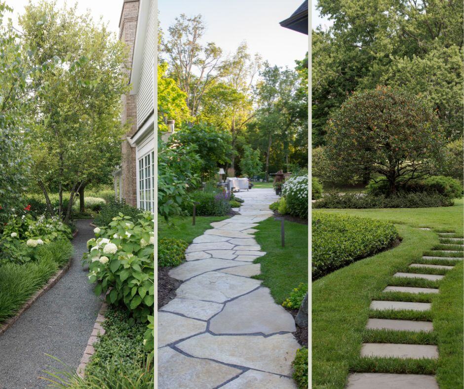 Irregular flagstone path curving through a garden of hydrangeas and lawn.