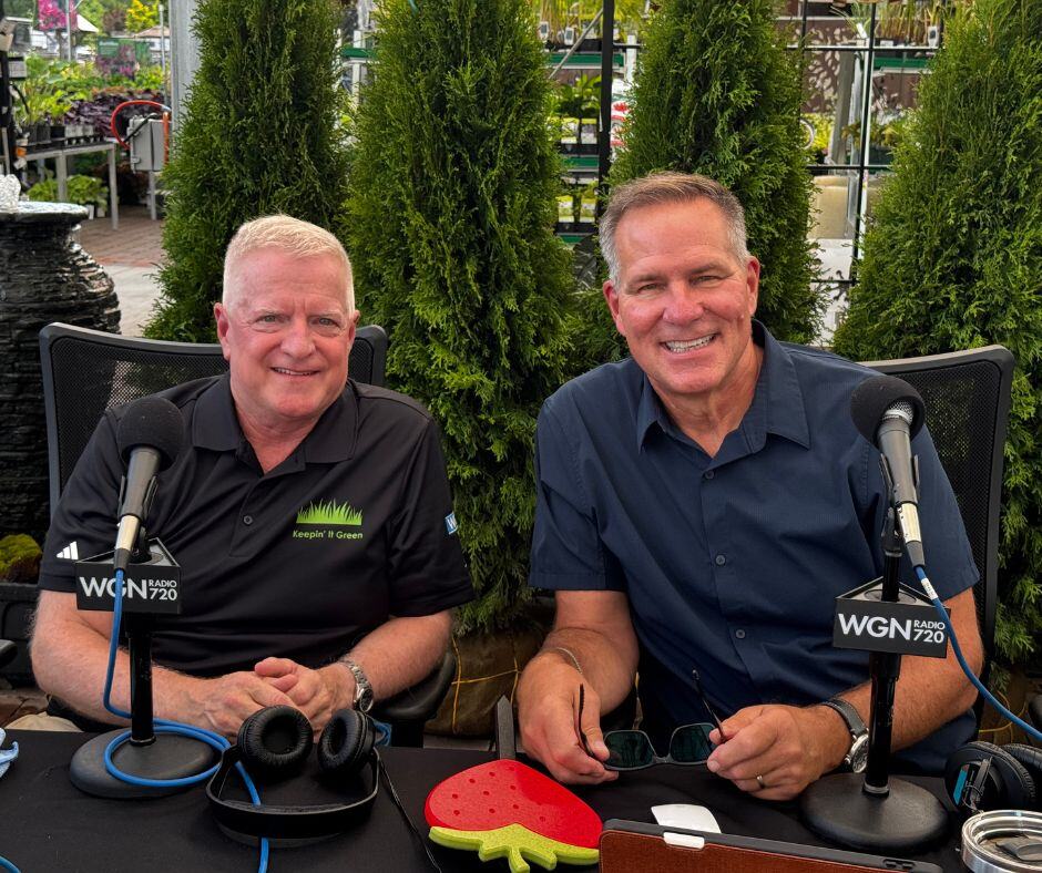 Bob Bertog and Lou Manfredini at WGN Radio microphones during the live Keepin' It Green broadcast.