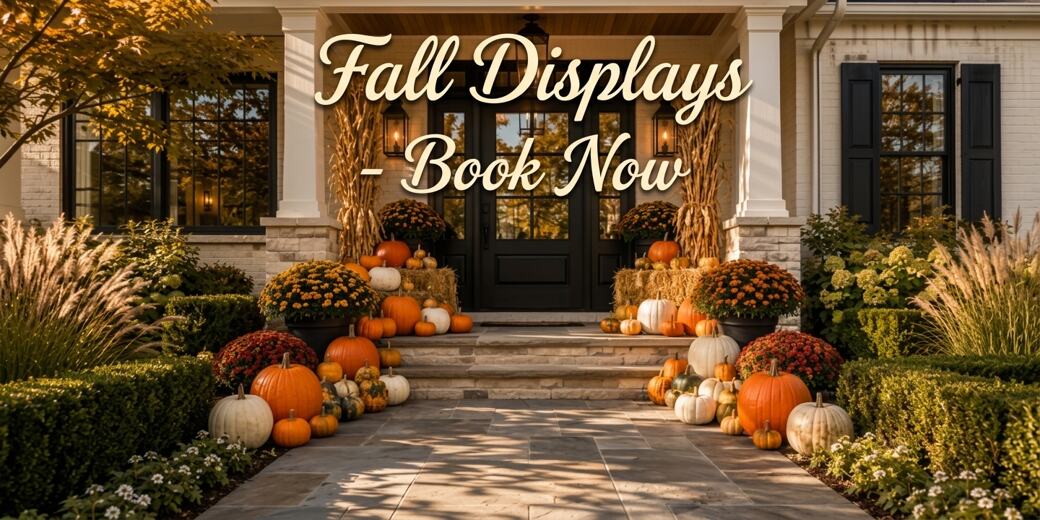 Fall Displays – Book Now: a front walk and porch steps decorated with pumpkins, mums and cornstalks.